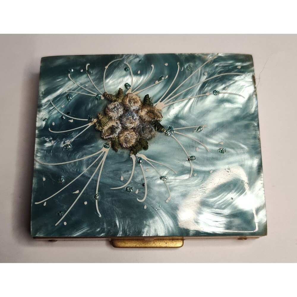 Vintage 1940s Marhill Blue Marbled Lucite Compact Photo Trinket Box Vanity MCM